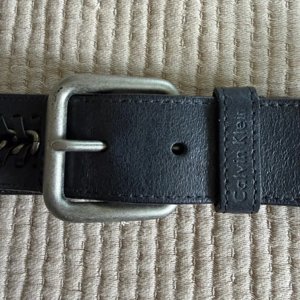 Calvin Klein Mens Leather Chain Link Belt Size 40 Black Silver Casual Jeans